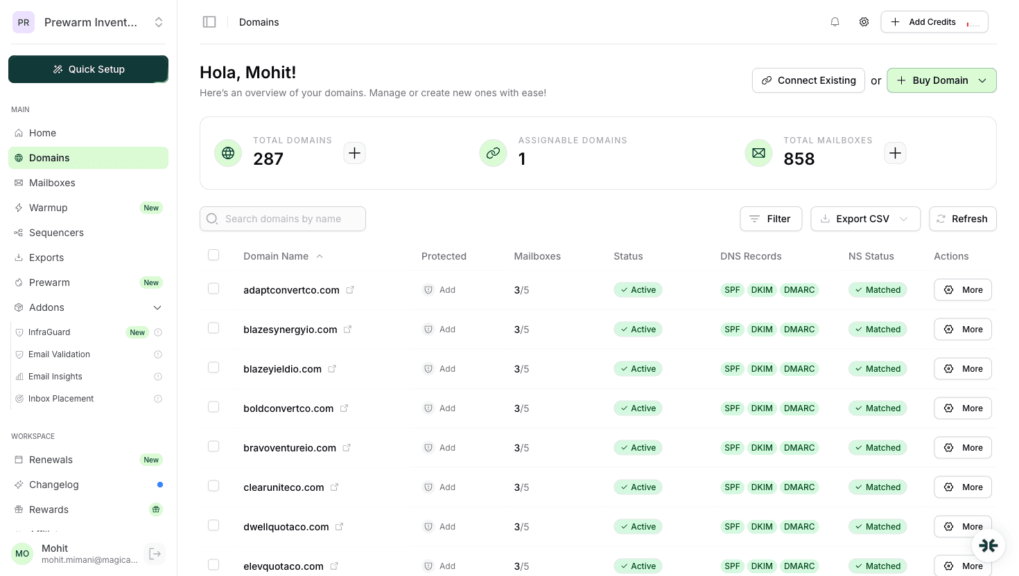 InboxKit domain management with DNS records